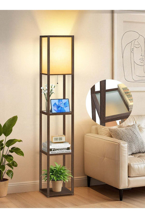 Floor Lamp with Shelves, Warm Light, 4 Color Temp 9W LED Bulb, Modern Display Lamp, Walnut