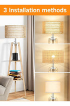 Wood Tripod Floor Lamp with Rattan & Linen Double Shades, Dimmable & Adjustable Color Temperature, Farmhouse Standing Lamp with Remote, Boho Floor Lamp