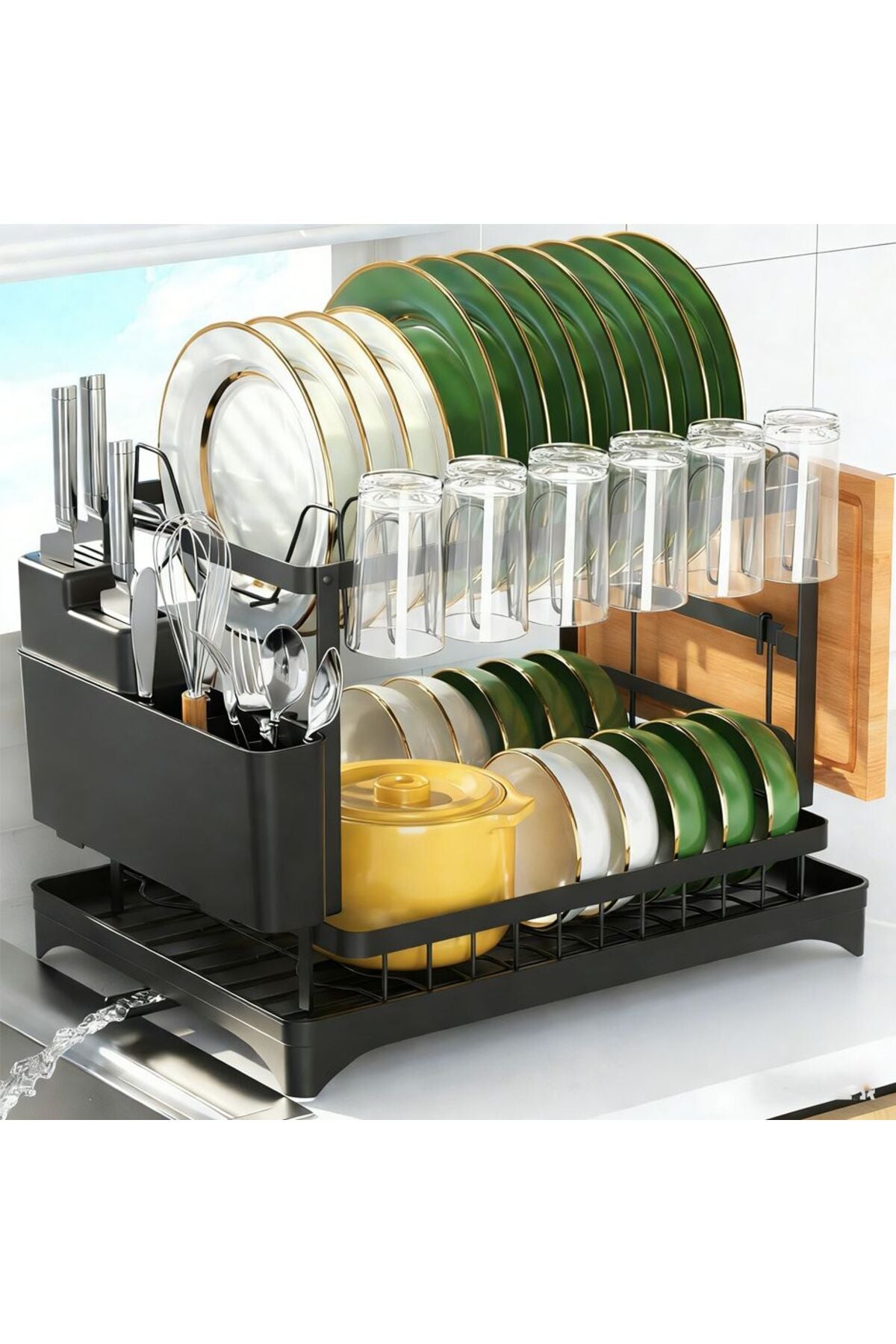 Black 2 Tier Stainless Steel Dish Drying Rack With 360 Degree Rotating Drain Board