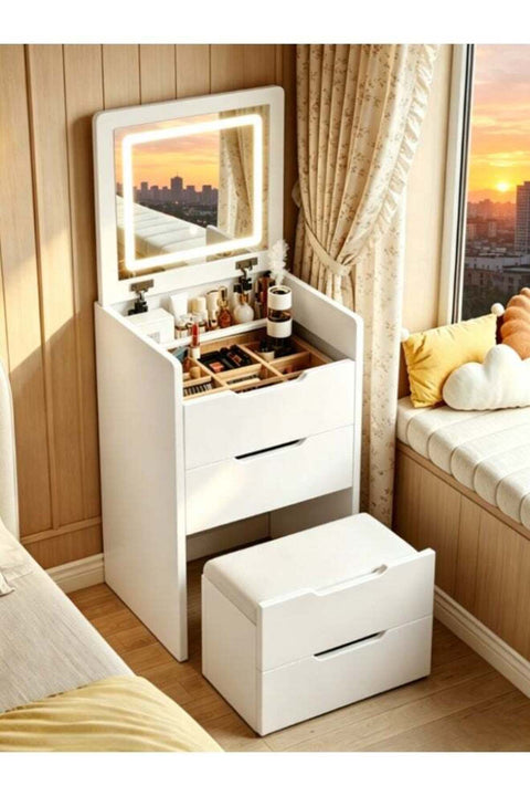-Long Compact Dressing Table with LED Smart Mirror, Soft Close Hinges & Silent Slide Rails, Wooden Makeup Vanity with Divided Storage Drawers and PU Leather Stool, White Bedroom Furniture (SZZ