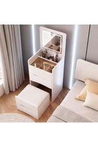 Makeup Table with Flip Top Mirror and Removable Storage Padded Seat Stool Led Smart Glass Dressing Table Chair Set,Modern Vanity Desk Set with LED Lighted Mirror Cushioned Stool and 3 Drawer (White, S