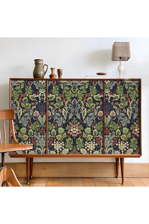Vintage Floral Peel and Stick Wallpaper, Botanical Boho Contact Paper, Dark Green Morris Flower Self Adhesive Removable for Bedroom Bathroom Wall Decor, 17.3in*118in
