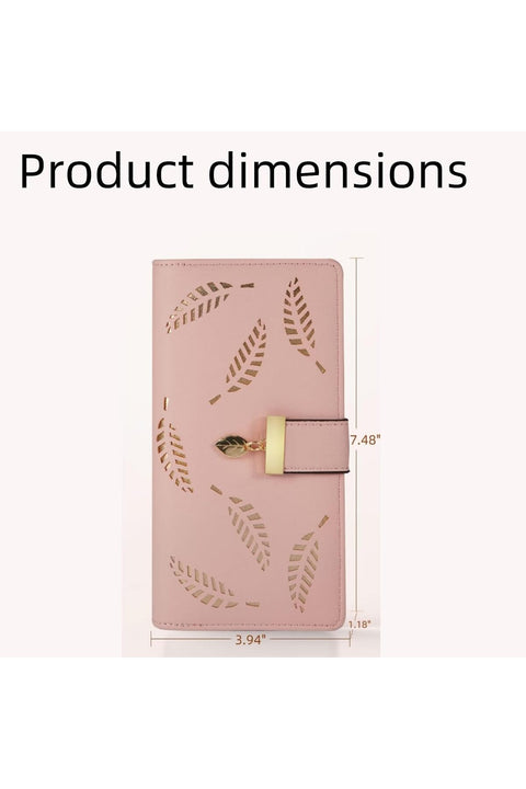 Women's Leather Wallet with Gold Leaf Design, Card Holder Clutch with Photo Slot, Zipper Pocket, Pink, 19.9 x 10 cm