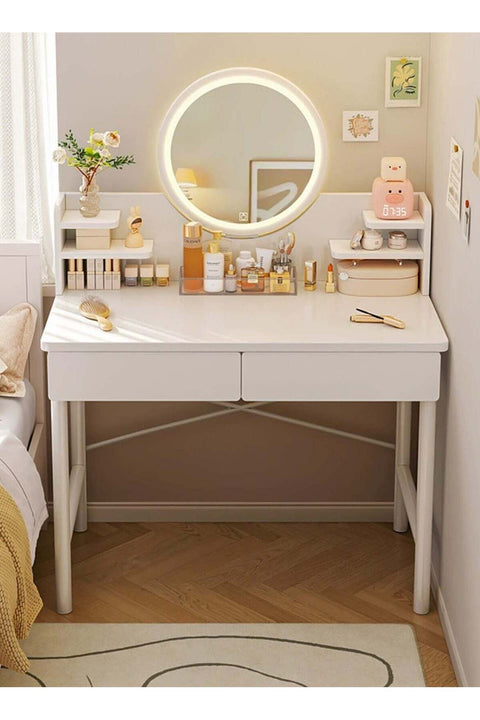 Dressing Table with LED Mirror, Modern Dresser Bedroom Makeup Table with Drawer, USB Plug in Vanity Table
