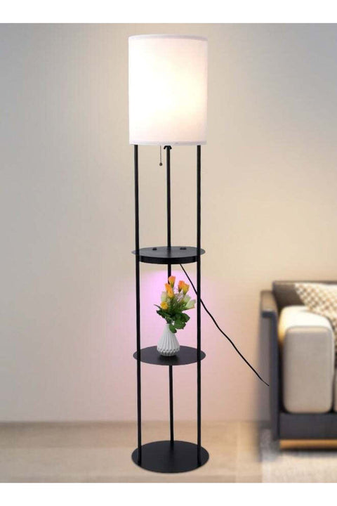 LIGHTING Modern LED Floor Lamp 62-Inch, 3-Color Dimming, Black Iron & Fabric, E27 Bulb, USB Ports