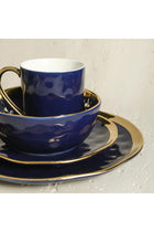 Stone Lain Porcelain 16 Piece Dinnerware Set, Service for 4, Blue and Golden Rim, Dark Blue