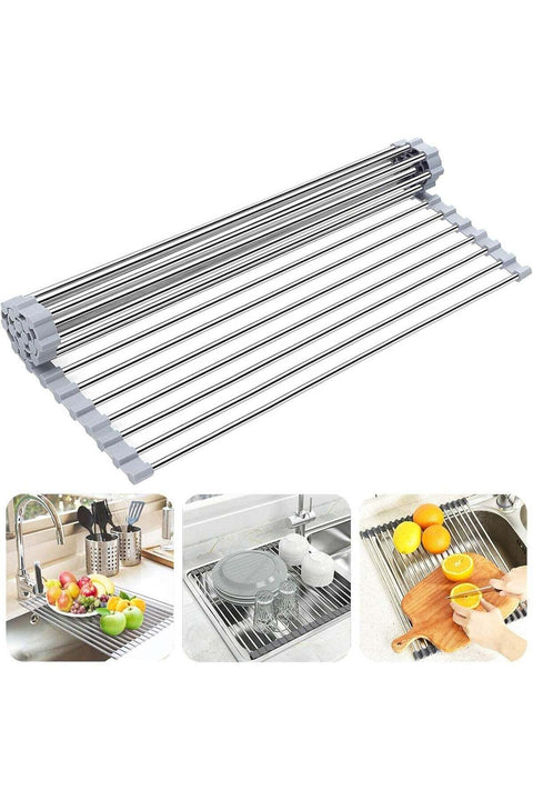 Over The Sink Dish Drying Rack, Roll up Sink Dish Drainer Rack Multipurpose Foldable Kitchen Stainless Steel Dish Rack Sink Drying Rack (17.7” x 11.8”)