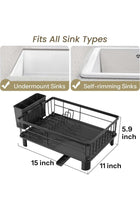 SHRAVELLE Small Stainless Steel Dish Drying Rack – Kitchen Counter Dish Drainer with Utensil Holder & Drainboard, Compact 11" W x 15" L, Black