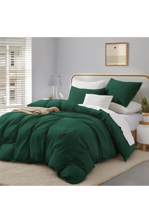 Bed Linen 220 x 240 cm Cotton Green 3-Piece Dark Green Linen Colour Plain Double Bed Linen Set Soft Cotton Feel Duvet Cover and Pillowcases 80 x 80 cm with Zip