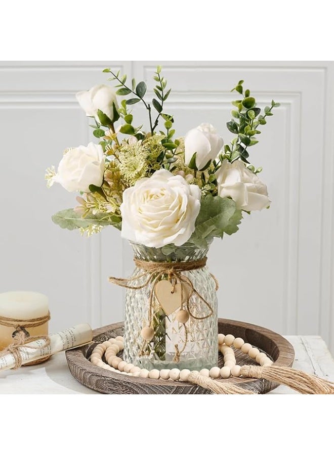DUNISO Fake Flowers, Silk Roses Artificial Flowers, White Faux Flower Arrangement Suitable for Home Office Decoration, Dining Table Centerpiece (No Vase)