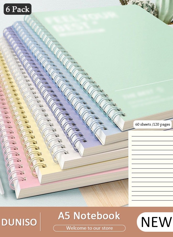 DUNISO 6 Pack Spiral Notebooks, Transverse Line Diary Notebook for Women Men, A5 Notebook for Study and Notes, Large Capacity Spiral Notebook for business, office, school, meeting, diary, journal