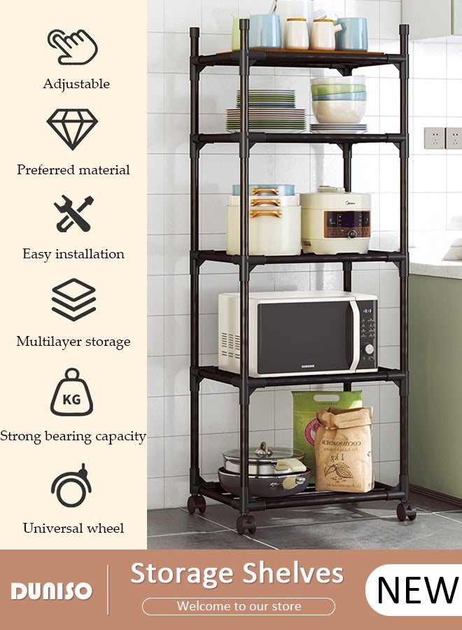 DUNISO 5 Tier Storage Shelves, Stable Kitchen Shelf Organizer, Storage Rack with Wheels, Removable Free Standing Rack with Hooks, Multipurpose Rack, Shelving Unit for Warehouse Basement Kitchen Living Room pantry