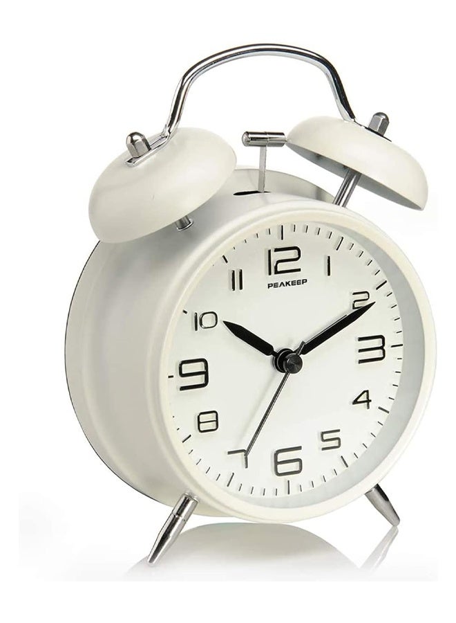 DUNISO 4-inch Dual-bell Alarm Clock for Deep Sleepers, No-tick Nighttime Backlight Battery Powered, Powerful Wake-up (White)