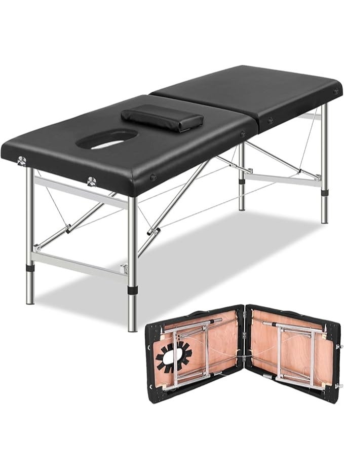 DUNISO Portable Massage Table,Foldable Professional Massage Tables with Pillow,SPA Bed with Stainless Steel Frame 2 Fold for SPA Salon Tattoo Massage Therapeutic Treatment,Black