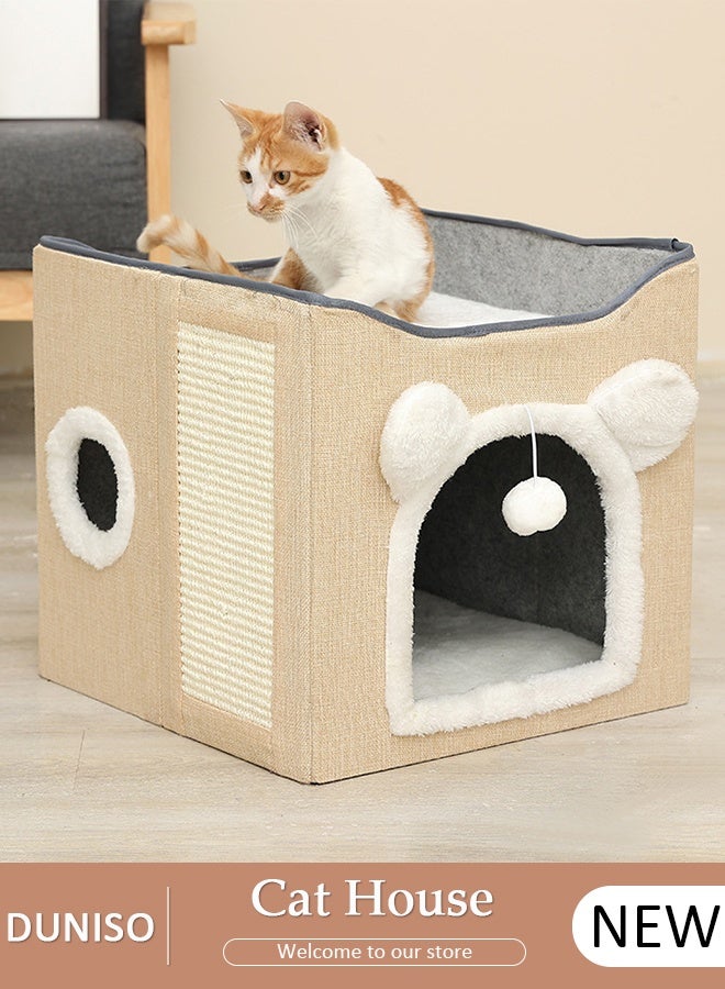 DUNISO Cat House, Foldable Cat Bed for Indoor Cats and Puppies, Durable Large All-Season Pet Play Rest Sleep Cube Cave with Fluffy Hanging Ball, Scratch Pad, and Detachable Storage Box, Cat Hideaway