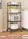 DUNISO 4 Tier Storage Shelves, Stable Kitchen Shelf Organizer, Storage Rack with Wheels and Armrests, Removable Free Standing Rack with 4 Hooks, Multipurpose Rack, Shelving Unit for Warehouse Basement Kitchen Living Room pantry