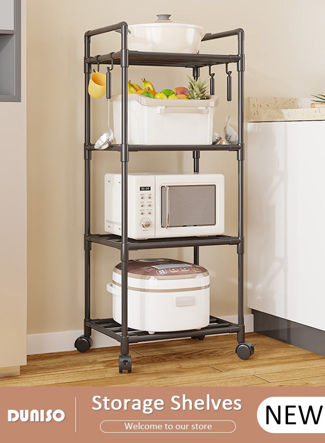 DUNISO 4 Tier Storage Shelves, Stable Kitchen Shelf Organizer, Storage Rack with Wheels and Armrests, Removable Free Standing Rack with 4 Hooks, Multipurpose Rack, Shelving Unit for Warehouse Basement Kitchen Living Room pantry