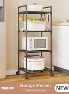 DUNISO 4 Tier Storage Shelves, Stable Kitchen Shelf Organizer, Storage Rack with Wheels and Armrests, Removable Free Standing Rack with 4 Hooks, Multipurpose Rack, Shelving Unit for Warehouse Basement Kitchen Living Room pantry