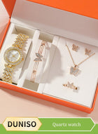 DUNISO 5 Pieces of Rhinestone watch set, women's butterfly inlaid diamond quartz watch, alloy watch,with earring bracelet necklace ring, diamond decoration design, gold