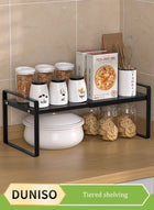 DUNISO Expandable Countertop Organizer Shelf, movable multifunctional kitchen shelf, spice rack organizer, suitable for kitchen, living room, bathroom, expandable 25cm to 45 cm, black