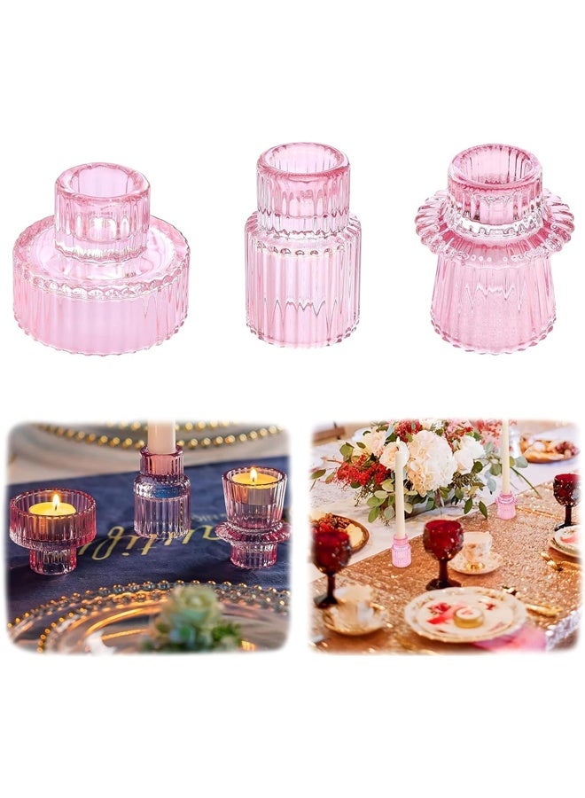DUNISO 3Pcs Candle Holders，Glass Candle Holders for Taper Candles,Pillar Candles and Tealight Candles,for Table Centerpieces, Wedding Decor and Dinner Party ，Pink