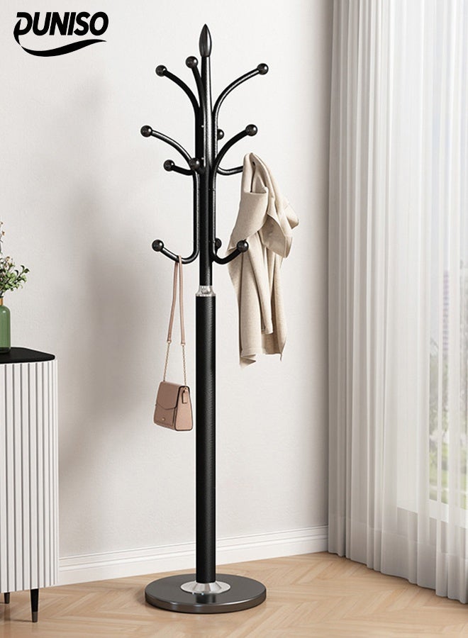 DUNISO Metal Clothes Rack with Natural Marble Base, Modern Clothes And Coat Hanger Rack, Free Standing Hall Tree with 12 Hooks for Hanging Scarf, Bag, Jacket, Home Entry-way Hat Hanger Organizer (Black)