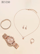 DUNISO Women Watch Sets, 5 Pcs Luxury Fashion Women Watch Set Alloy Strap Ladies Quartz Wristwatch Rhinestone Alloy Bracelet (Rose Gold) - Image 2
