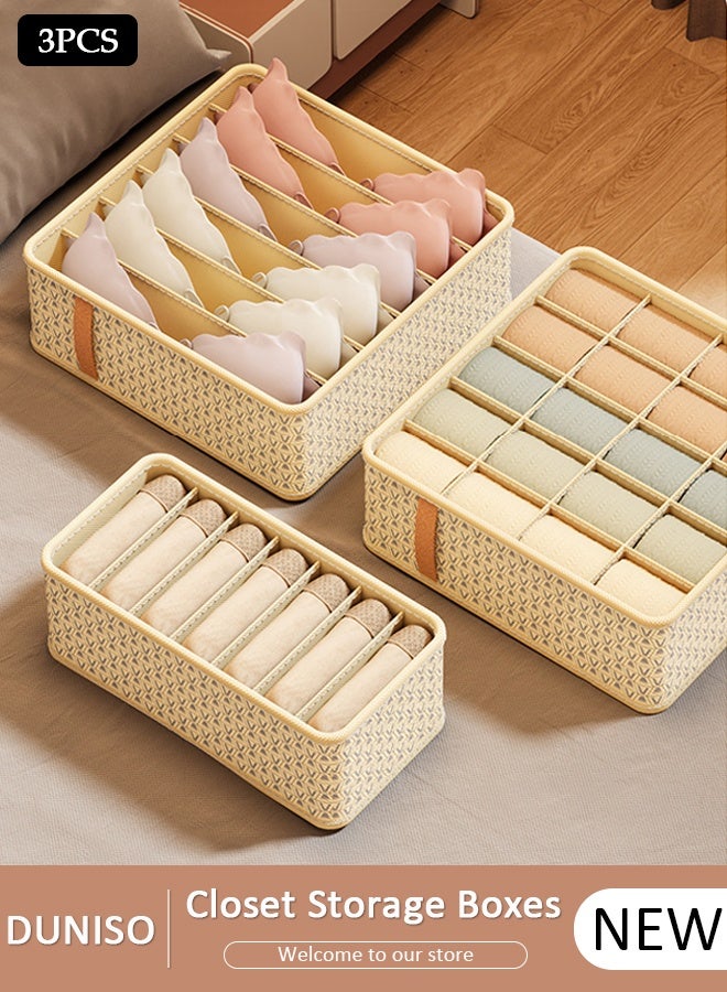 DUNISO 3 Pieces Fabric Closet Storage Organizer Set Foldable Clothes Boxes Large Capacity Wardrobe Stackable Closet Drawer with Handle for Leggings Stockings Socks Underwear
