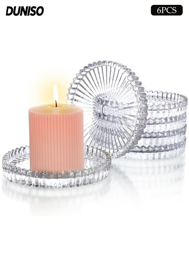 DUNISO Clear Glass Pillar Candle Holder Plates Set of 6, 10cm Round Glass Candle Pillar Plate, Gear Serrated Candle Tray Plates for Table Centerpieces, Party, Wedding & Home Decor