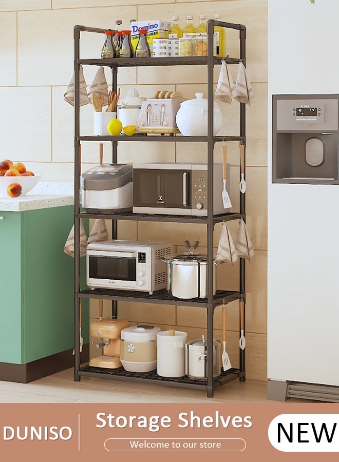 DUNISO 5 Tier Storage Shelf Unit, Large Capacity Shelves, Stable Kitchen Shelf Organizer, Storage Rack with Armrests, Removable Free Standing Rack with Hooks, Large Capacity Shelves, Shelving Unit for Laundry Room,Living Room,Garage,Pantry,Study Room