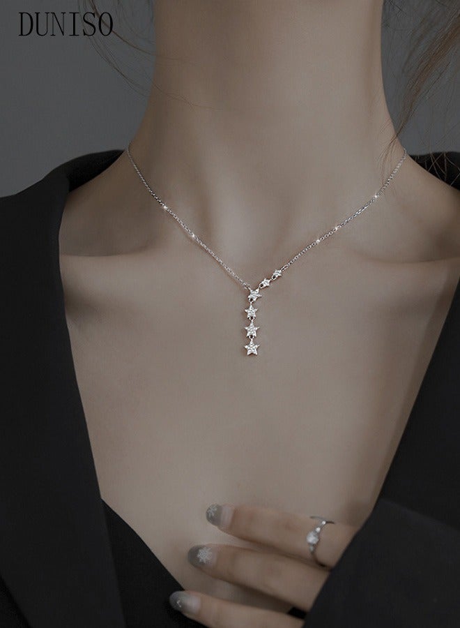 DUNISO Star Y Necklace 925 Sterling Silver Star Choker Necklace Silver Crystal Star Drop Choker Chain Pendant Necklace Simple Necklace Chain Jewelry  for Women Teen Girls
