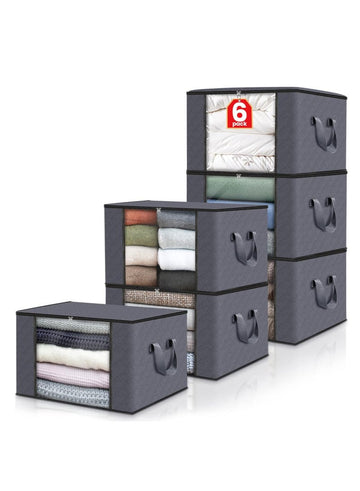 DUNISO 6 Pack Clothes Storage, Foldable Blanket Storage Bags, Storage Containers For Organizing Bedroom, Closet, Clothing, Comforter, Organization And Storage With Lids And Handle(Grey)
