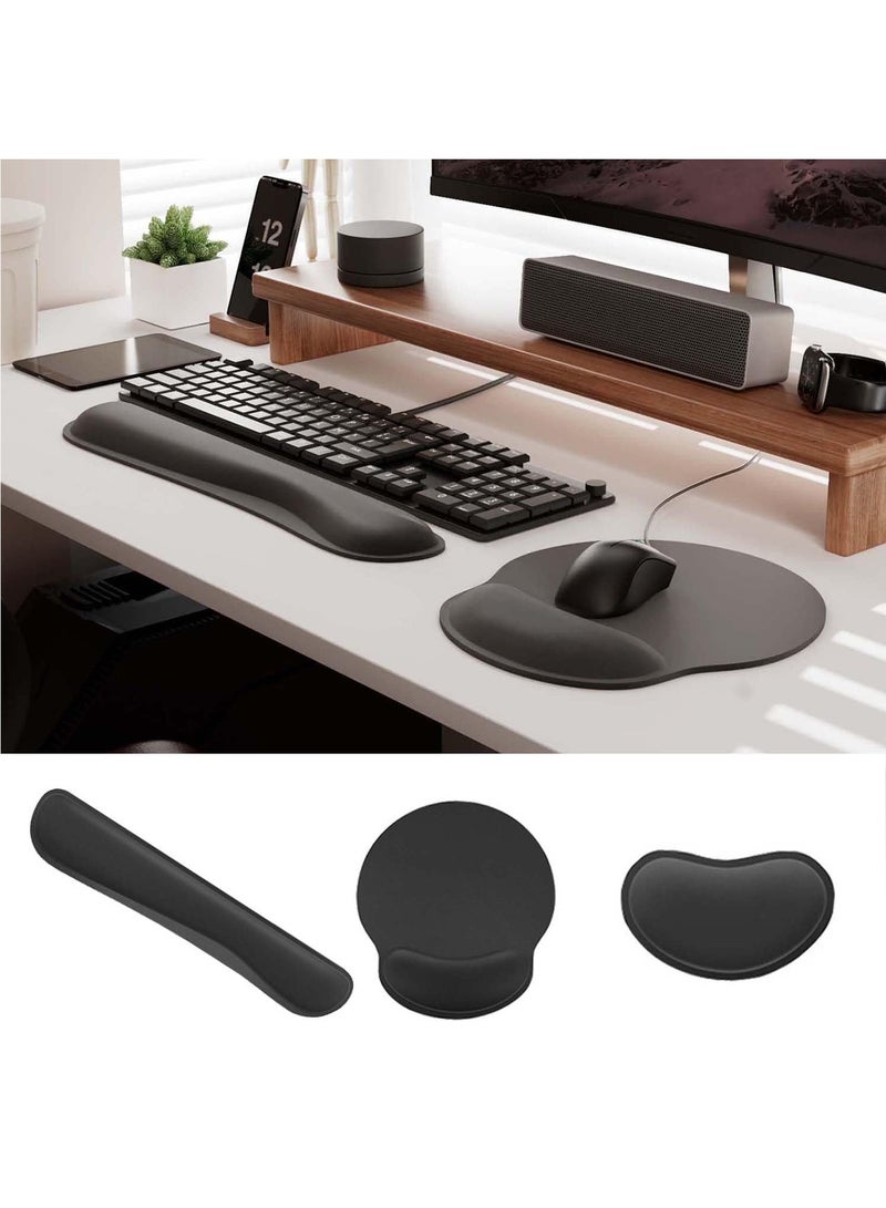 DUNISO 3Pcs Wrist Rest Support Set，Keyboard Wrist Rest, Mouse Pad And Small Wrist Rest Set，Memory Foam Wrist Rest Mat,with Non Slip Base，Easy Typing,Relief Getting Hand Fatigue,Suitable for Home and Office Use，Black