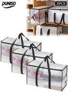 DUNISO 3 Pack Clear Clothes Storage Bags, 72L Plastic Blanket Storage Bags with Side Handle, Foldable Moving Bags with Zipper&Handle, Waterproof and Dustproof，Sturdy and Durable，for Bedding, Duvet, Comforter，Pillow，Toys，68.6*29*38cm