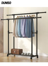DUNISO Metal Clothes Rack with Double Rods ,Multipurpose Clothes Organizer Stand with Wheels and Shoes Rack,Adjustable Drying rack for Bedroom Balcony (Black)