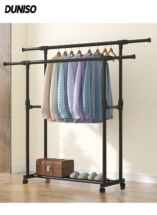 DUNISO Metal Clothes Rack with Double Rods ,Multipurpose Clothes Organizer Stand with Wheels and Shoes Rack,Adjustable Drying rack for Bedroom Balcony (Black)