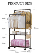 DUNISO Double Rods Clothes Rack with Roller, Metal Garment Rack with Shoe rack and Hooks, Multipurpose Clothes Hanger Organizer,Suitable for Bedrooms, Balconies and Living room (Black) - Image 2