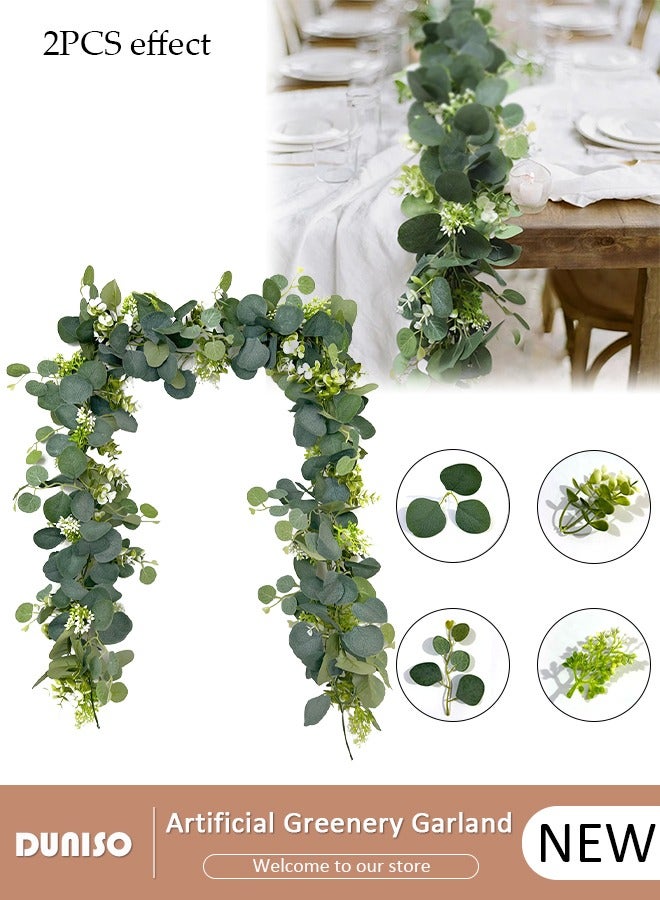 DUNISO Artificial Greenery Garland with Flowers, Leaf Eucalyptus Garland Hanging for Wedding Home Party Craft Art Table Runner Backdrop Indoor Outdoor Decor