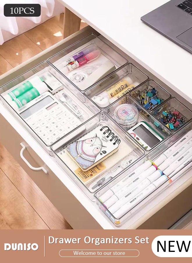 DUNISO 10PCS Plastic Vanity Drawer Organizers, Desk Drawer Organizer Trays and Storage Bins, Bathroom Drawer Organizer Trays Dividers, Make-Up Storage Boxes with 4 Sizes, Versatile Tidy Divider for Dresser,Bathroom,Kitchen,Office