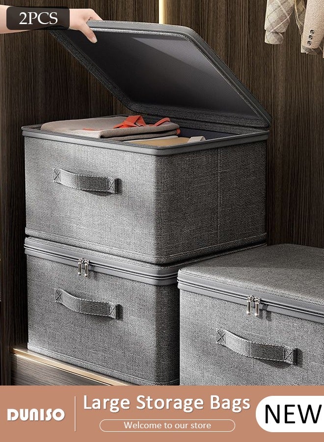 DUNISO 2PCS Large Storage Bags, Clothes Storage Bins with Zip Lid Foldable Closet Organizers Storage Containers with Durable Handles Thick Fabric Storage Box for Blanket Comforter Clothing Bedding