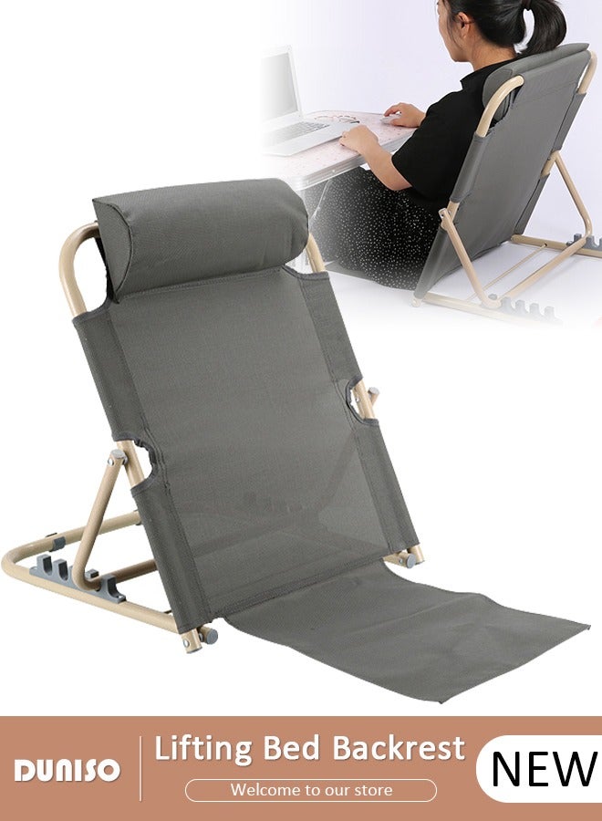 DUNISO Lifting Bed Backrest, 5 Gears Portable Folding Adjustable Sit-Up Back Rest, Multi-Function Floor Chair for Bed, Backrest Chair for Reading, Bed Backrest Support with Head Pillow for Neck Head Lumbar Support
