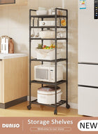 DUNISO 6 Tier Storage Shelves, Stable Kitchen Shelf Organizer, Metal Storage Rack with Rolling Wheels and Armrests, Removable Free Standing Rack with 4 Hooks, Multipurpose Rack, Shelving Unit for Laundry Room,Living Room,Garage,Pantry,Study Room