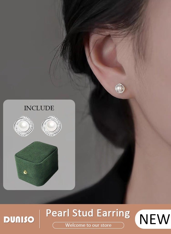 DUNISO Pearl Stud Earrings, Hypoallergenic 925 Sterling Silver Earrings Studs Base Metal Shimmering Cubic Zirconia Pearl Stud Earring for Women Girl