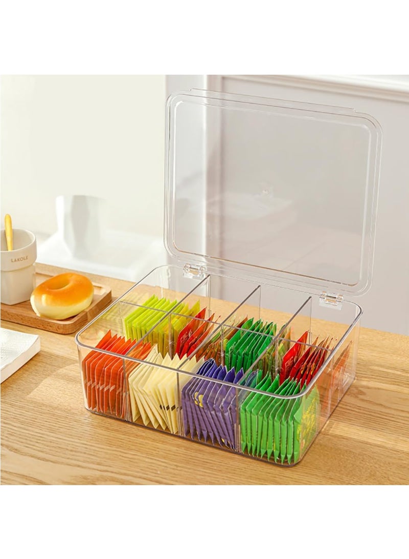 DUNISO Clear Tea Bag Divided Storage Organizer, Tea Bag Holder Container Box With Lid, Suitable for Cabinet, Countertop, Hold Coffee Pods, Seasoning Packets, Condiments, 8 Sections (Transparent)