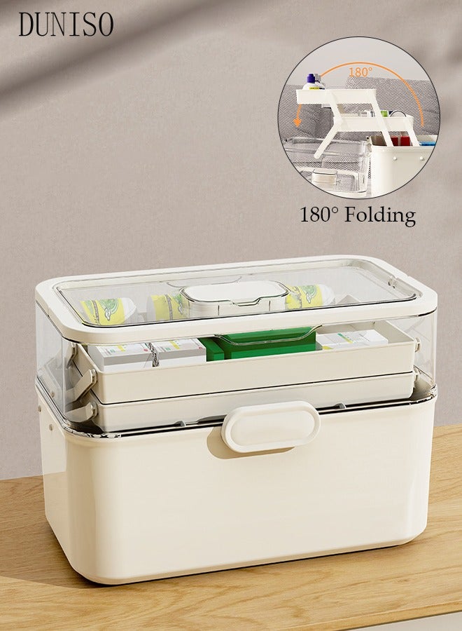 DUNISO Medicine Box Plastic Medicine Storage Box Family Emergency Kit Medical Kit 3 Layers Home First Aid Box Child Proof Medicine Box Organizer Pill Case with Compartments and Handle
