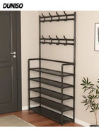 DUNISO 4-Tier Coat Rack with Shoe Rack,3 in 1 Shoe Organizer Cabinet with 8 Hooks,Freestanding Shoe Shelf,Moisture Resistant and Durable,Save Space,for Entryway Bedroom Closet,Living Room