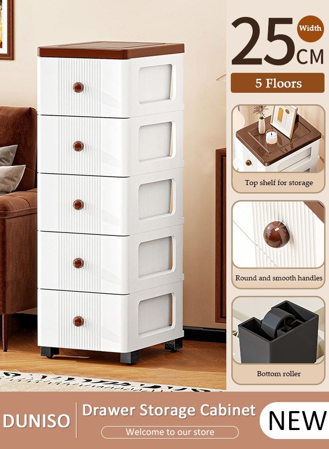 DUNISO 5-Layer Narrow Storage Cabinet  with Wheels，Multifunctional Drawer Plastic Wardrobe，Storage Drawer Units Kitchen Crevice Storage ，Storage Cabinet for Toys，Snacks，Books