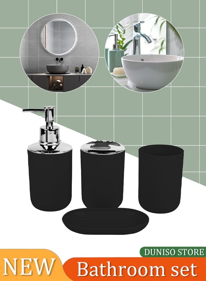 DUNISO 4 pieces of Bathroom accessories set, toiletries gift set, plastic and ABS bathroom storage set, with lotion bottle, toothbrush holder, mouthwash cup, soap tray (black)