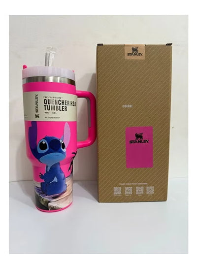Stanley Quencher H2.0 40oz Insulated Tumbler with Handle & Straw – Stitch Character Design, Leak-Resistant Lid, Pink