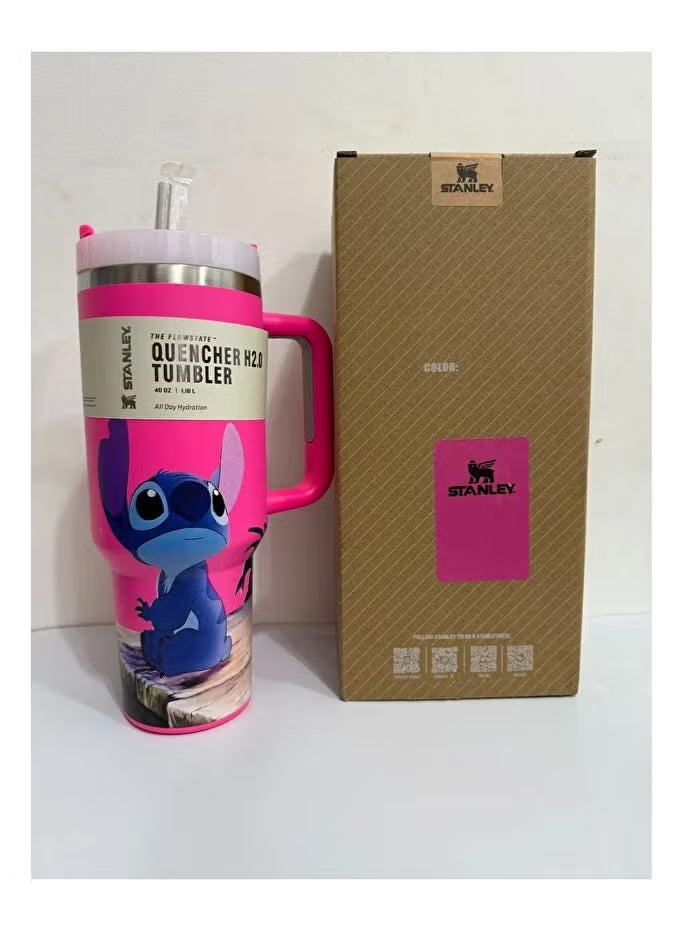 Stanley Quencher H2.0 40oz Insulated Tumbler with Handle & Straw – Stitch Character Design, Leak-Resistant Lid, Pink